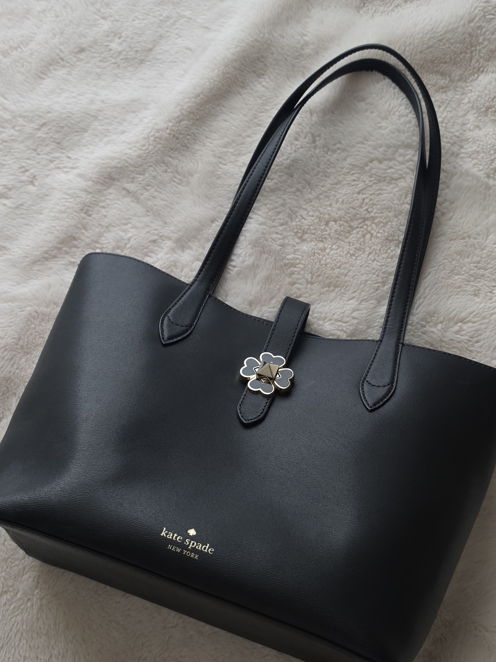 kate spade Black Leather Tote with Floral Turnlock Accent